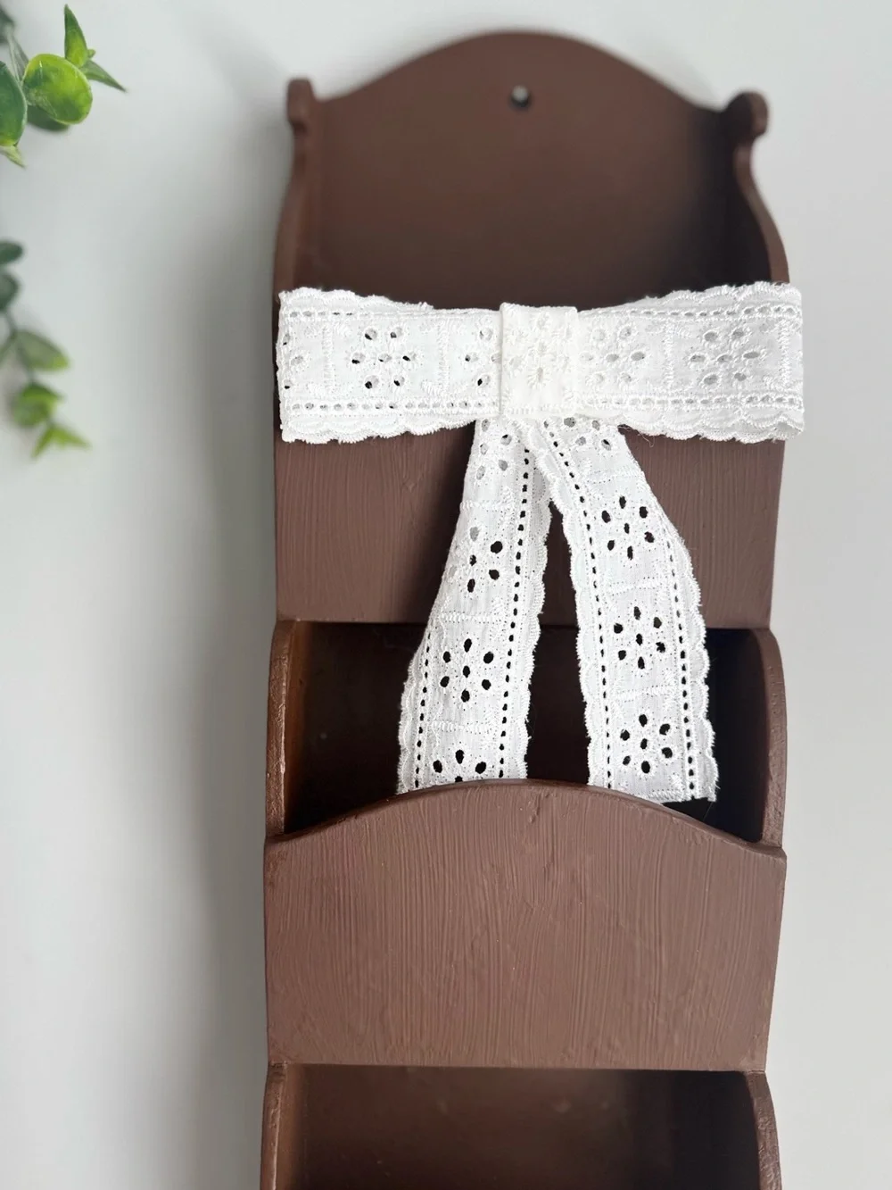 Vintage Brown Wall Mail & Key Organizer with White Eyelet Lace Accent